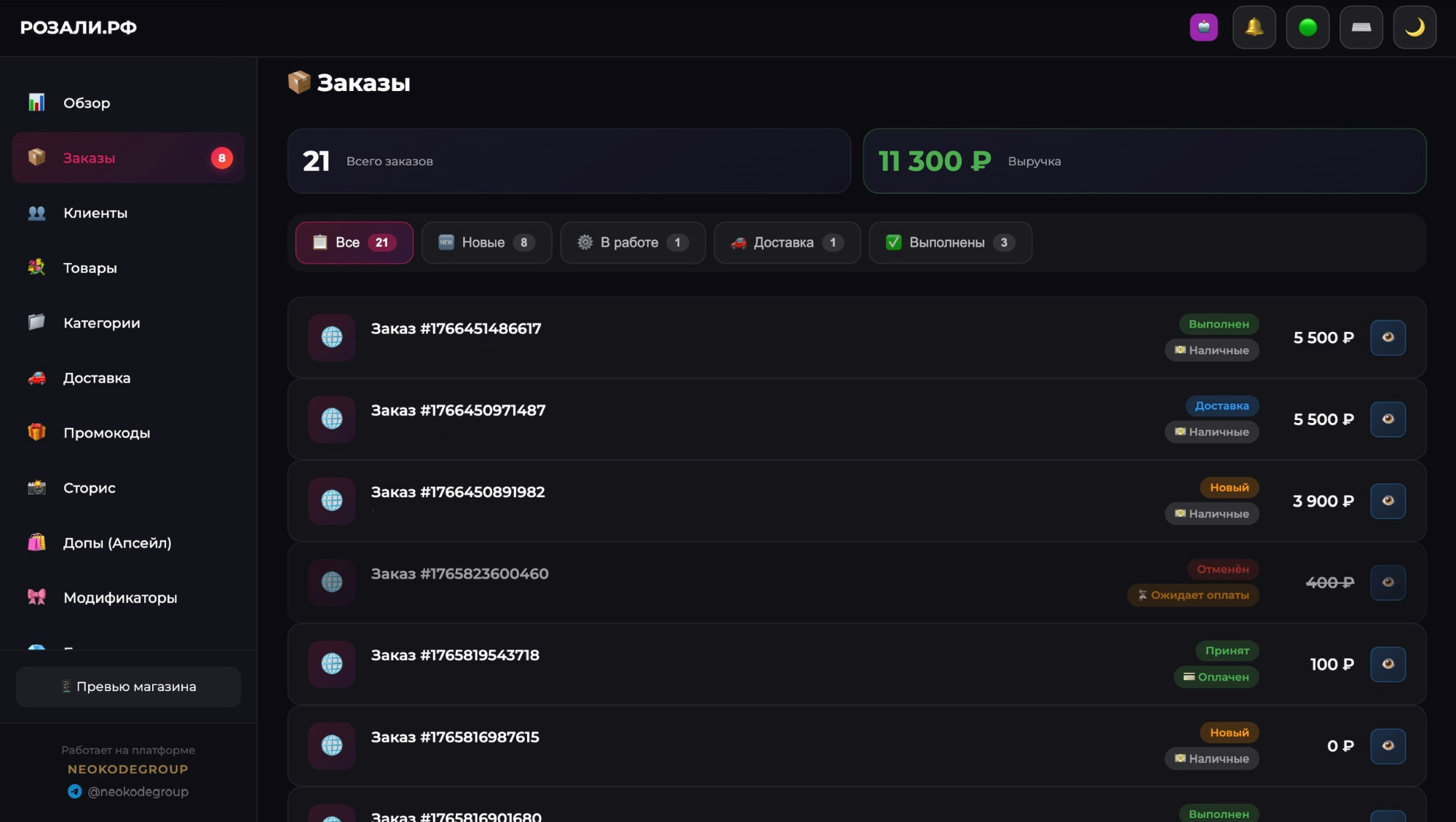 Админ-панель NEOKODEGROUP