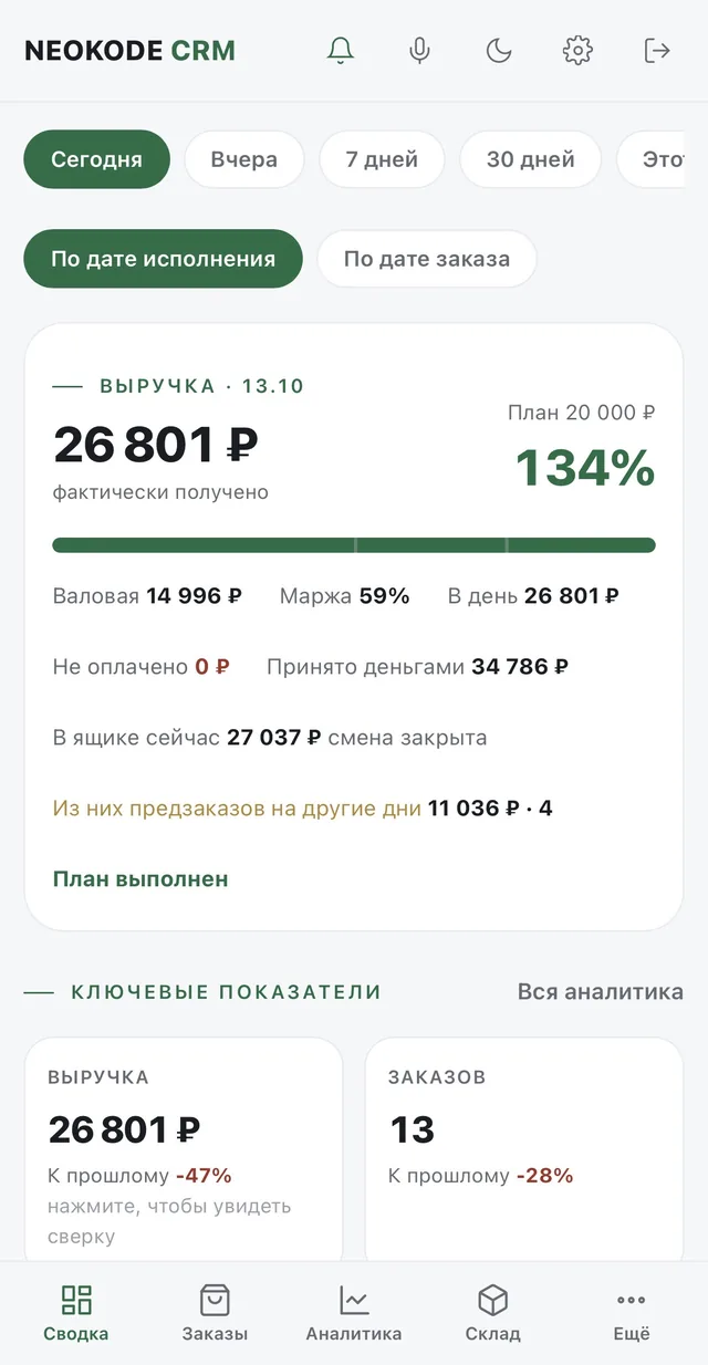 CRM на телефоне: выручка за день